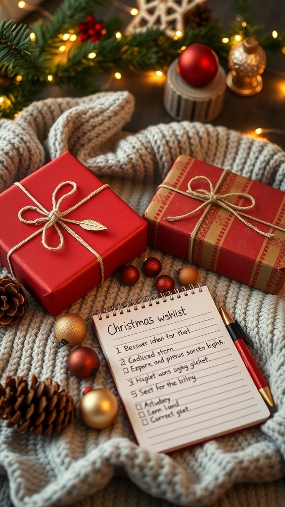 A flat lay of a Christmas wishlist with gifts, a notepad, and holiday decorations on a cozy blanket.